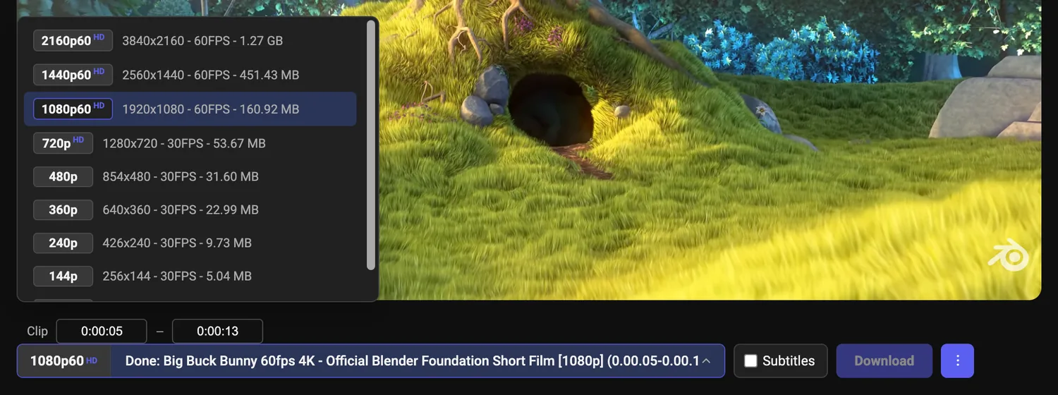 The same quality list rendered on a dark grey panel, with the clip range inputs visible below it
