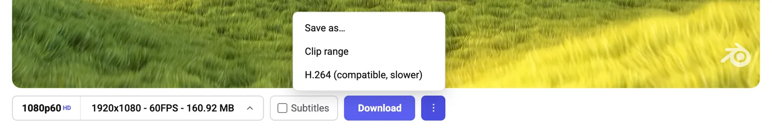 A small overflow menu open beside the download button with three entries reading Save as, Clip range, and H.264 compatible slower