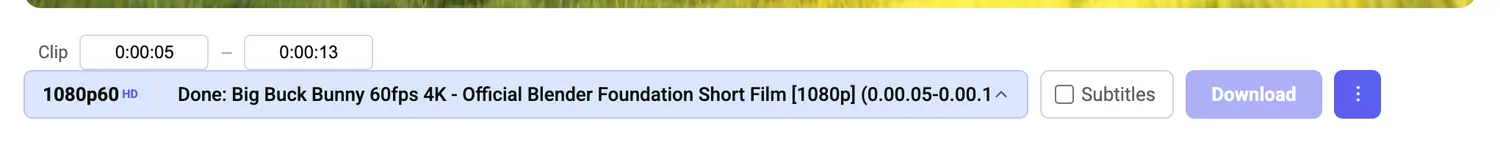 The bar showing clip range inputs set from 0:00:05 to 0:00:13 and a completed status line beginning Done, with a filled progress bar behind it