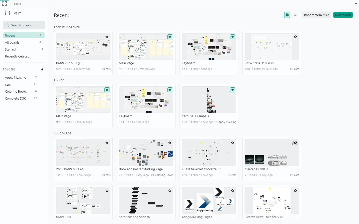 Velm's board library window showing a grid of board thumbnails with names and item counts, and a folder sidebar