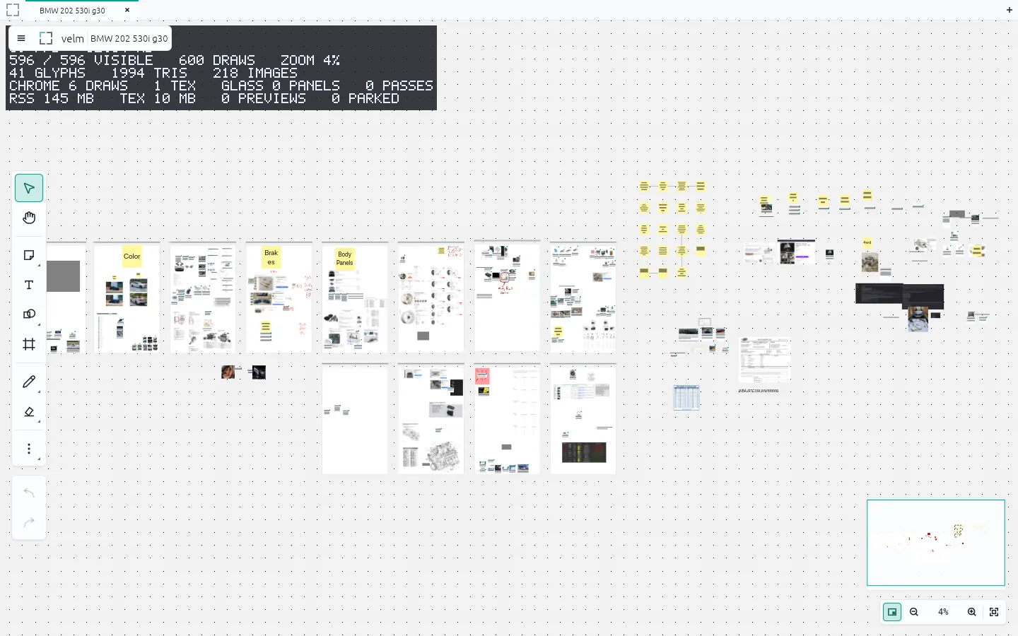 A large imported board in Velm with a black performance overlay in the top left reading 596 of 596 visible