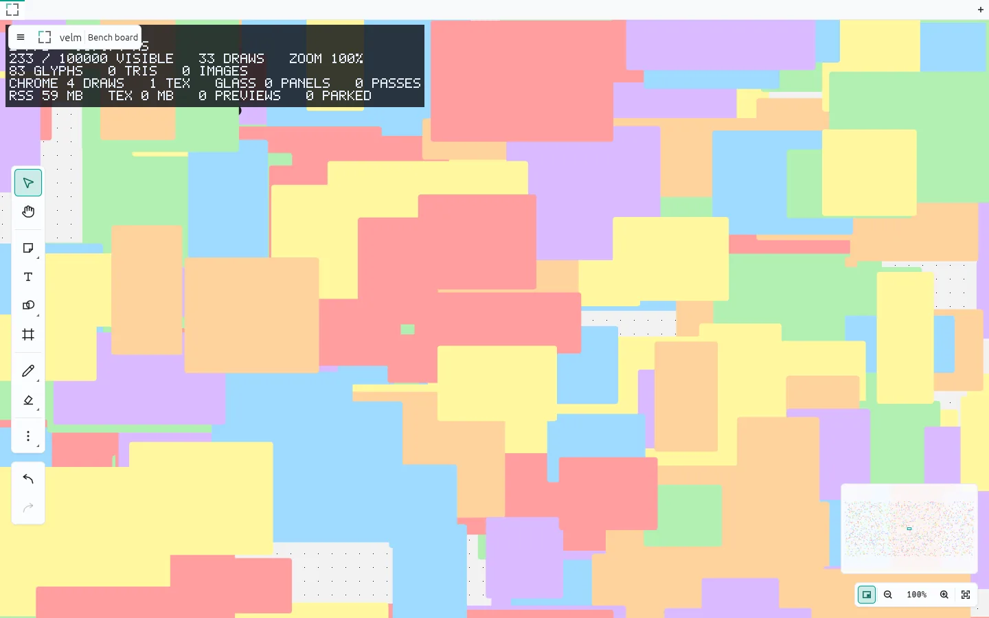 Colourful sticky notes filling the canvas, with a HUD reading 233 of 100000 visible at 100 percent zoom