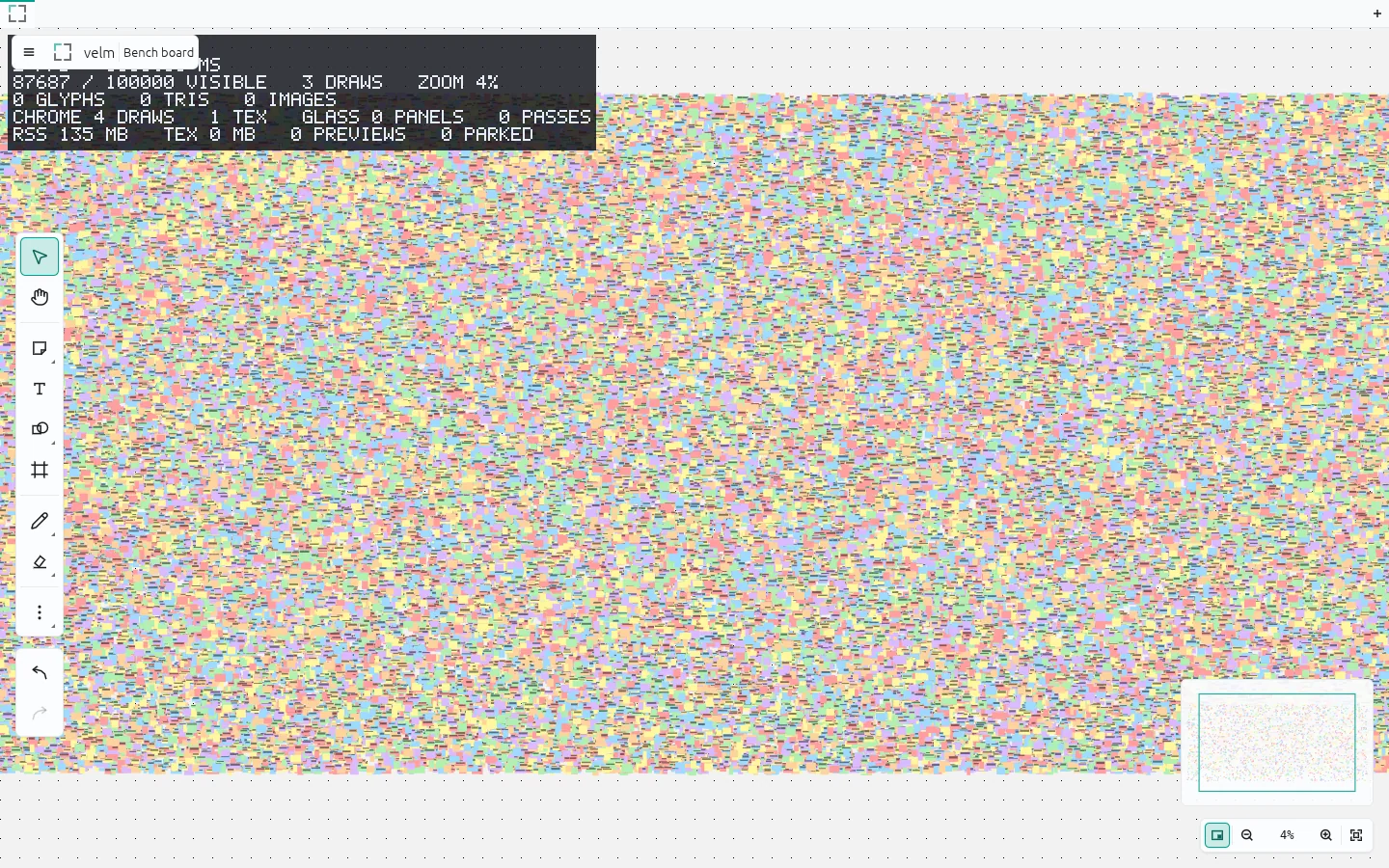 The same 100,000 item board zoomed far out into a dense confetti field, HUD reading 87687 of 100000 visible