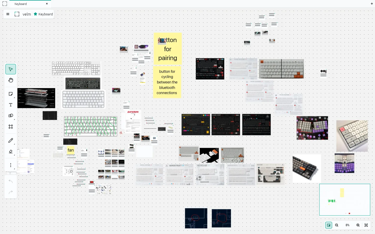 A research board about mechanical keyboards, mixing product photographs, yellow sticky notes and CAD drawings
