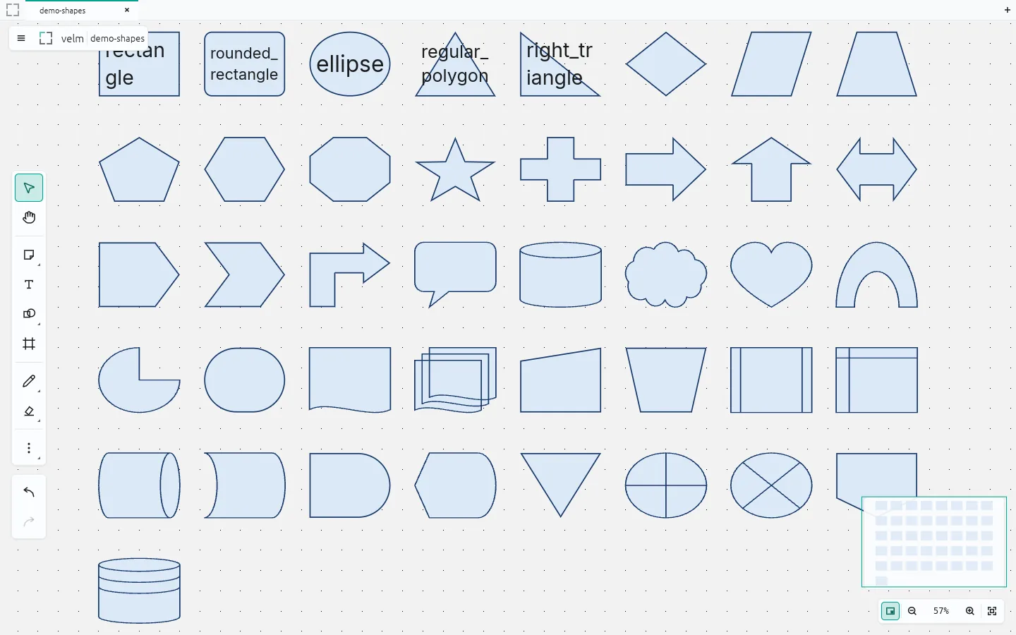 A grid of around forty outlined vector shapes including arrows, cylinders, callouts and flowchart symbols