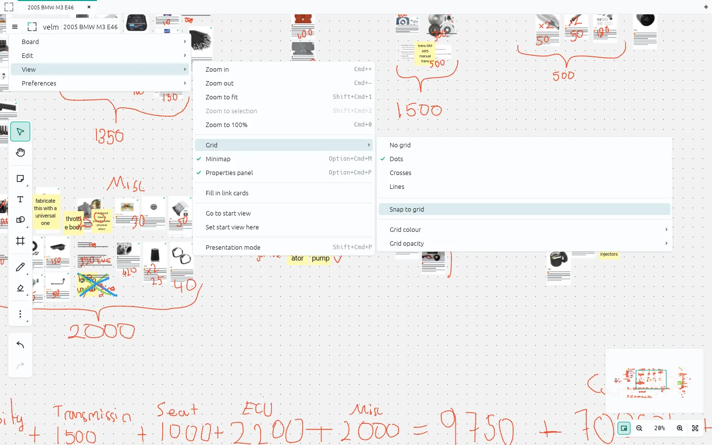 Nested application menus open over a board covered in red handwritten annotations and figures