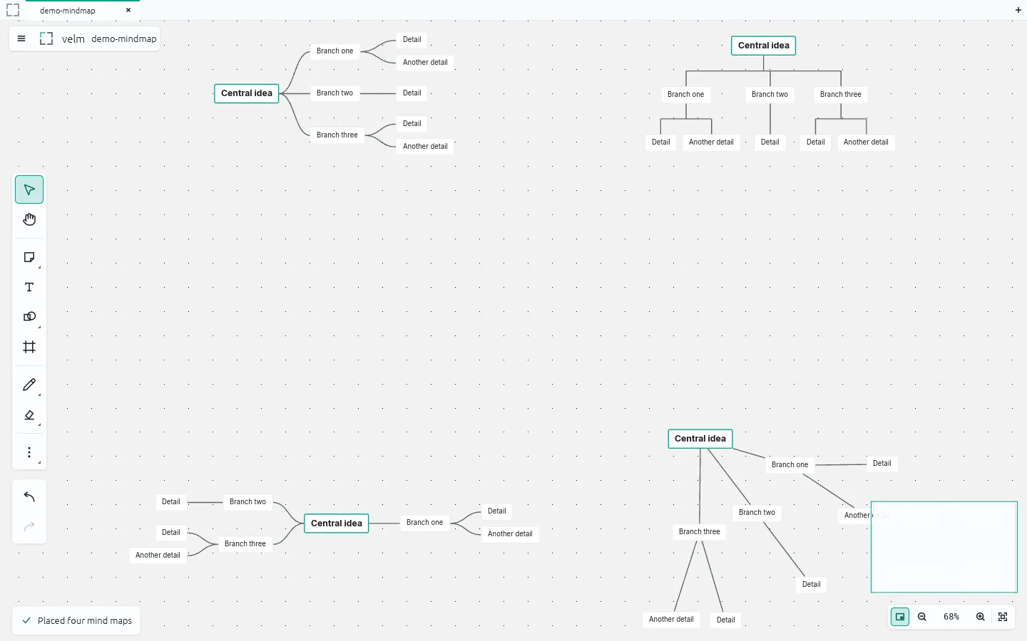 Several mind map diagrams with a central node branching out to labelled child nodes