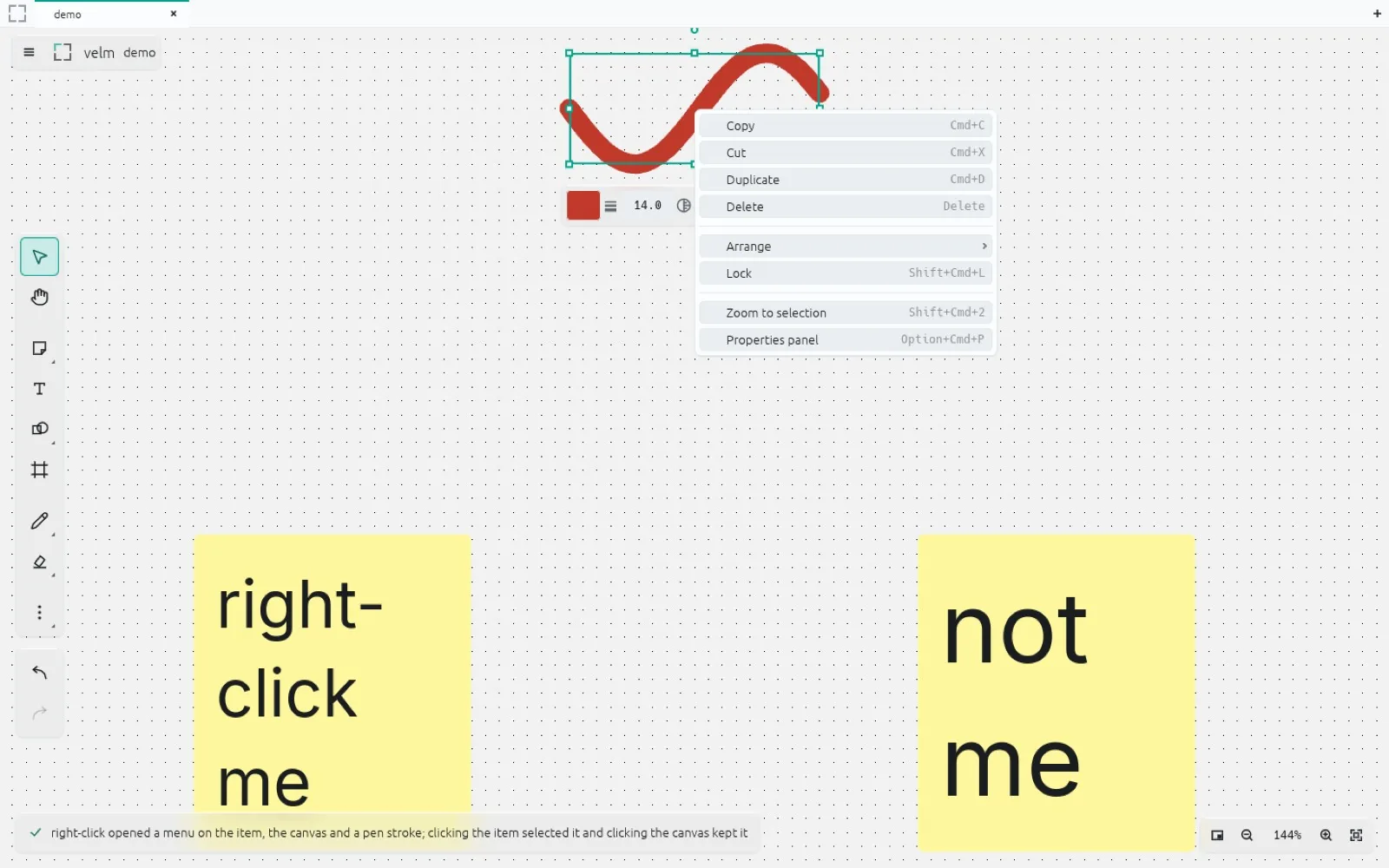 A selected red wavy pen stroke with a context menu open beside it, above two yellow sticky notes reading right-click me and not me