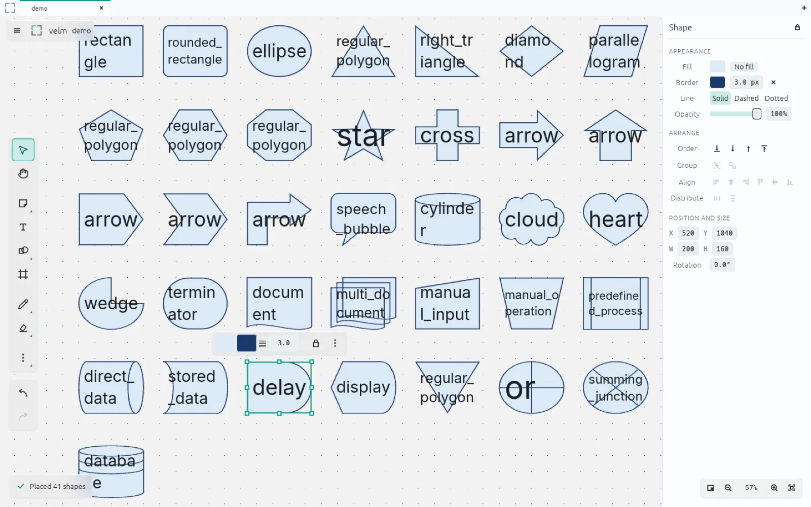 The shape catalogue board with one shape selected and a Shape properties panel open down the right side