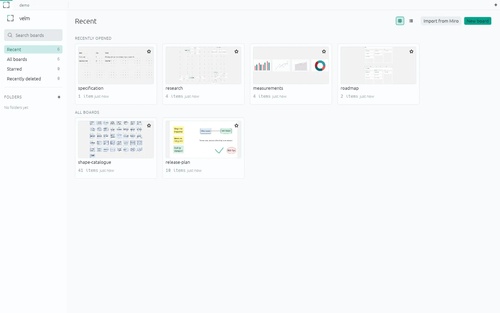 Velm's board library listing six demo boards as thumbnails, with Import from Miro and New board buttons in the top right