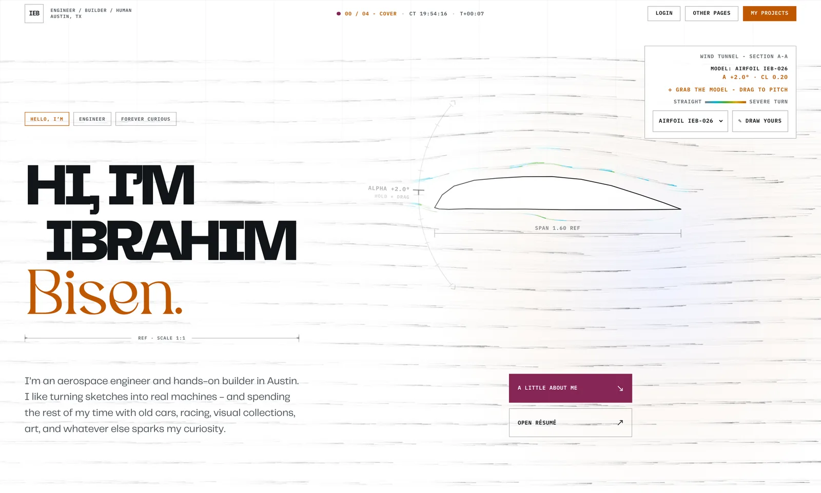 The iebisen.com homepage hero: the large title HI, I'M IBRAHIM Bisen on the left, faint grey smoke streaks across the page, an airfoil outline on the right and a small readout panel with a model picker and a Draw yours button