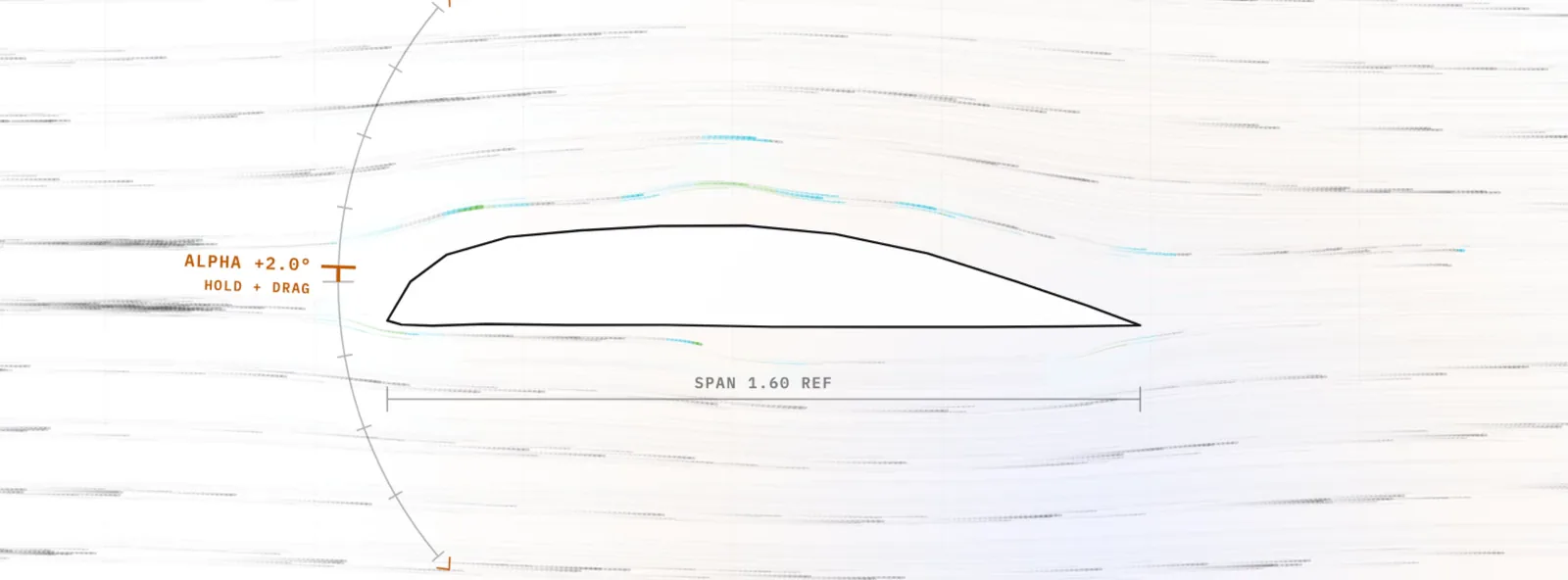 A looping clip of the airfoil in grey smoke streaks: it tilts nose up to about 22°, coloured curls fill the space behind it, then it tilts back level and the smoke straightens out