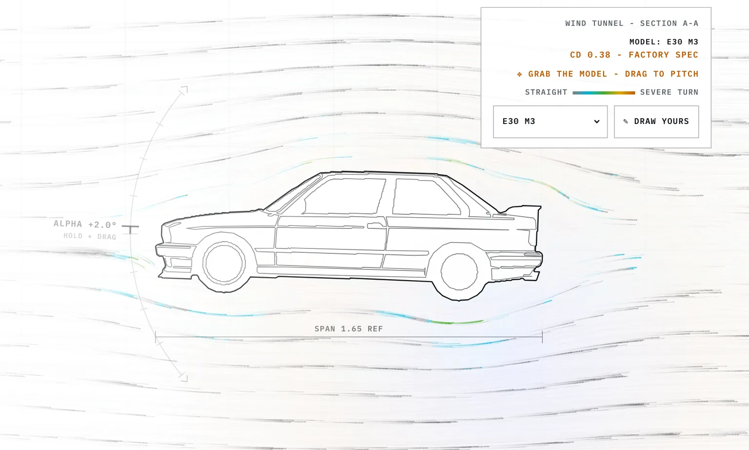 A side-view line drawing of a boxy BMW E30 M3 with its rear wing, sitting in grey smoke streaks that bend over its roof
