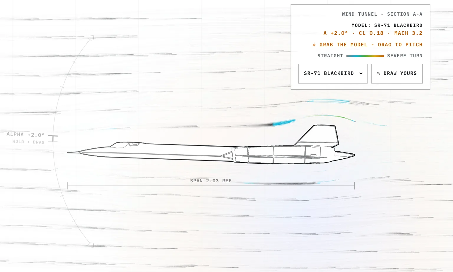 A long thin side-view outline of an SR-71 in grey smoke streaks, with the readout panel reading CL 0.18 and MACH 3.2