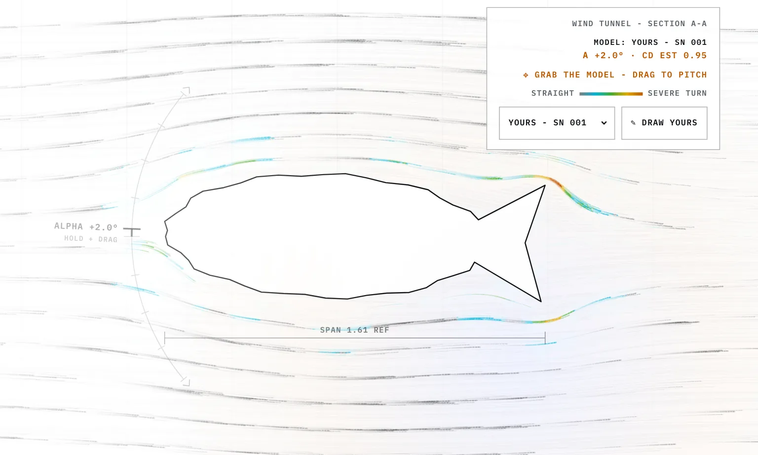 A large hand-drawn fish outline sitting in the smoke where the airfoil was, with the readout panel reading YOURS SN 001 and CD EST 0.95