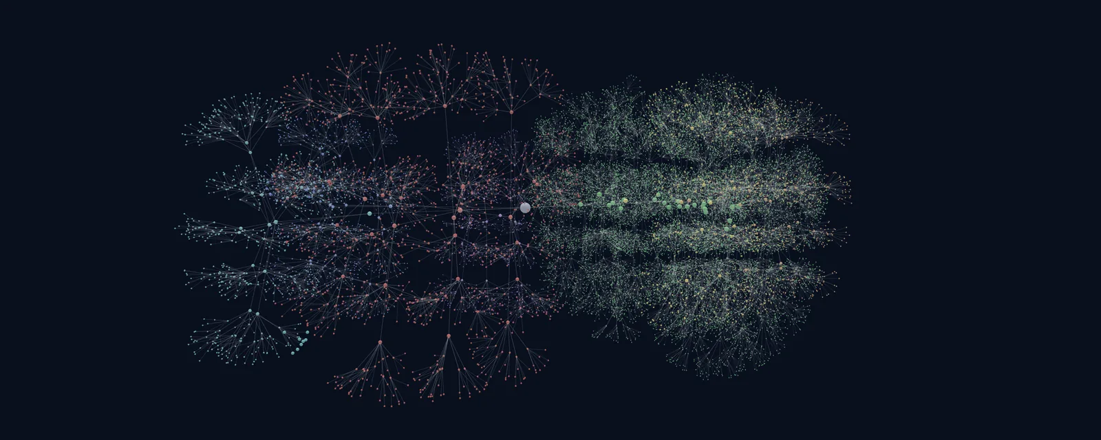 A dark navy field holding a wide cloud of thousands of small dots and thin lines, branching out from one grey node in the middle, with red, blue and teal clusters on the left and a dense green cluster on the right