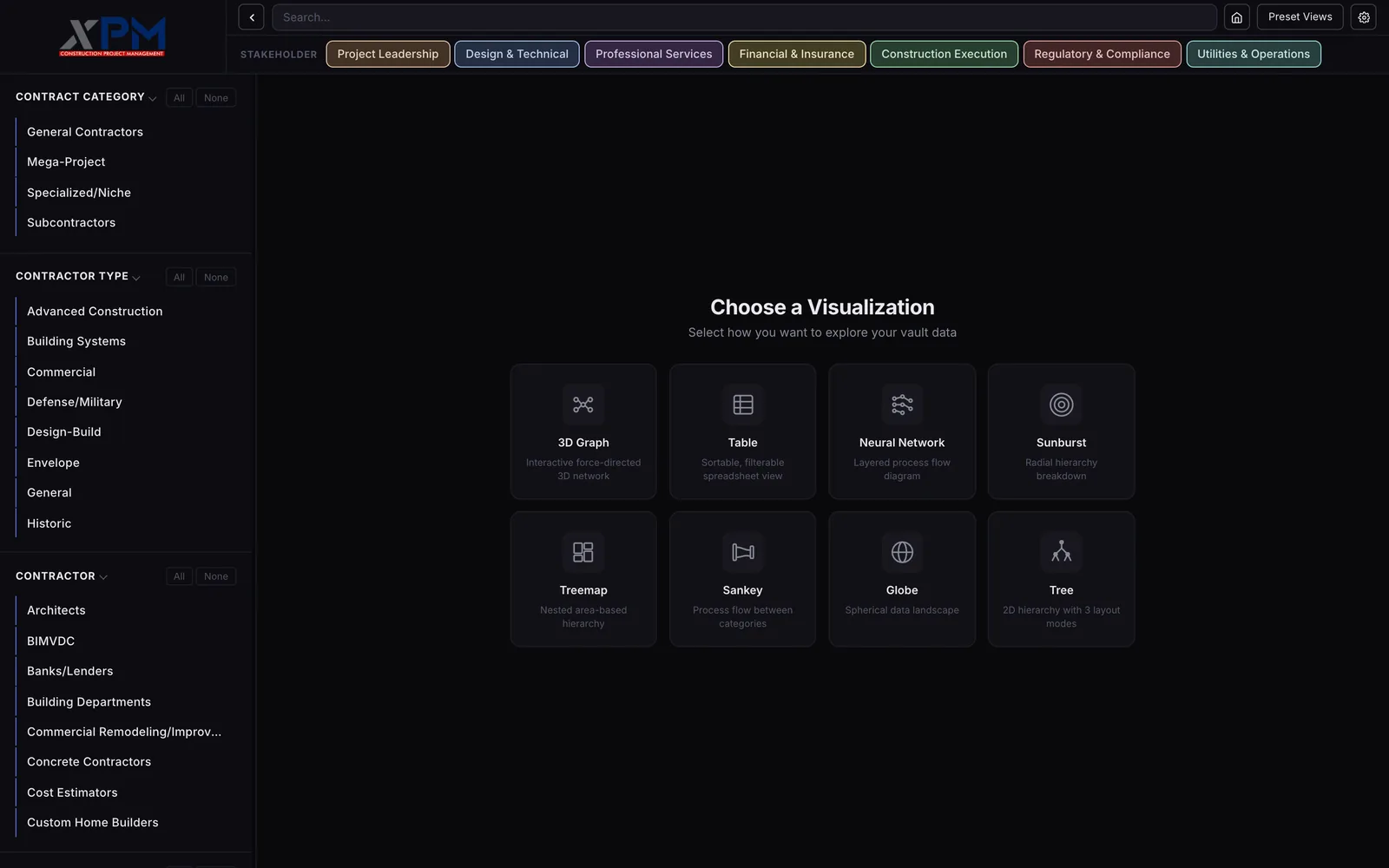 The xPM Agent Map page with seven colored stakeholder chips along the top, a filter sidebar listing contract categories and contractor types, and eight cards in the middle titled 3D Graph, Table, Neural Network, Sunburst, Treemap, Sankey, Globe and Tree