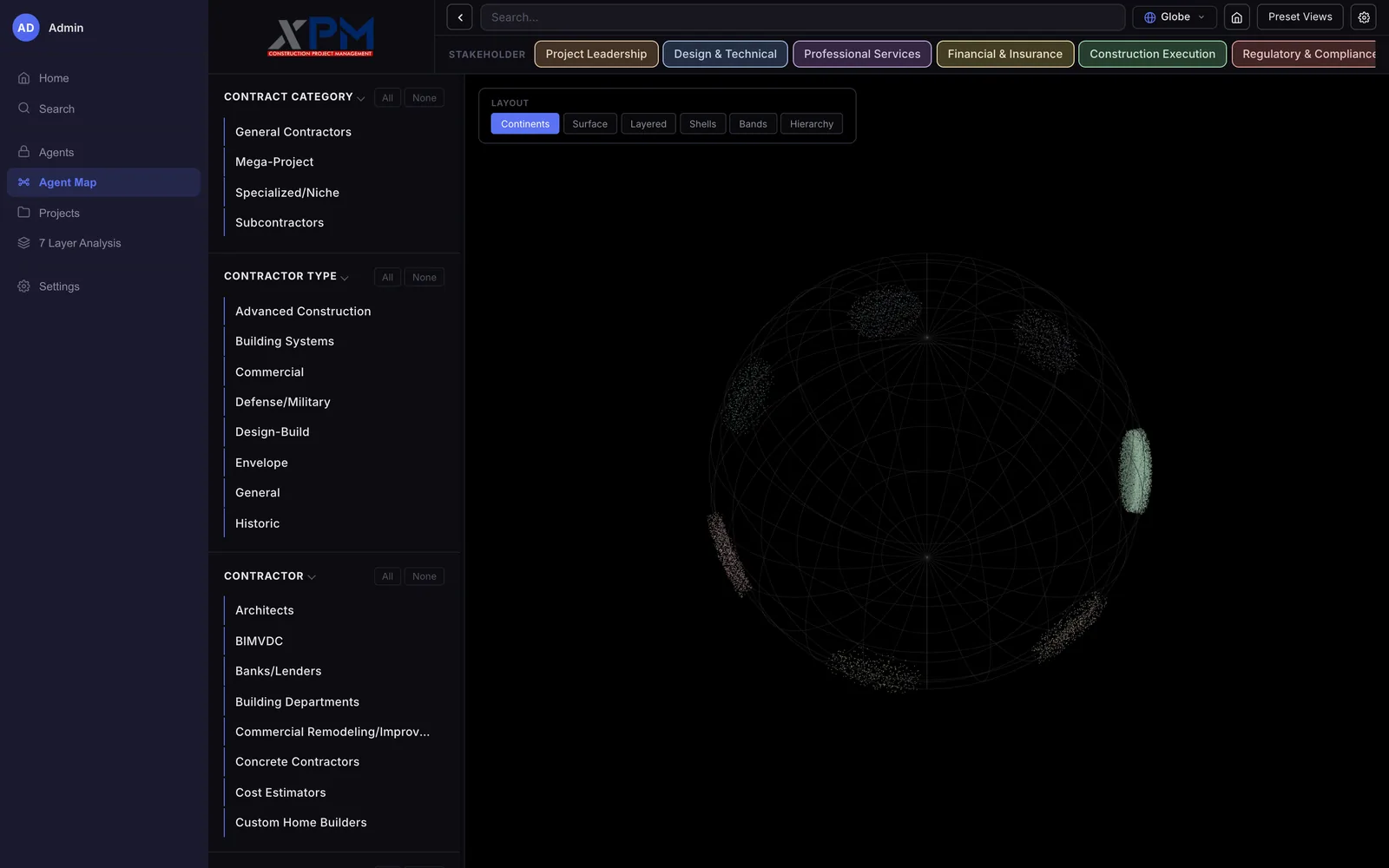 The wireframe sphere with small patches of points spread over its surface, one a dense green oval on the right edge, and the Continents button highlighted in the layout bar