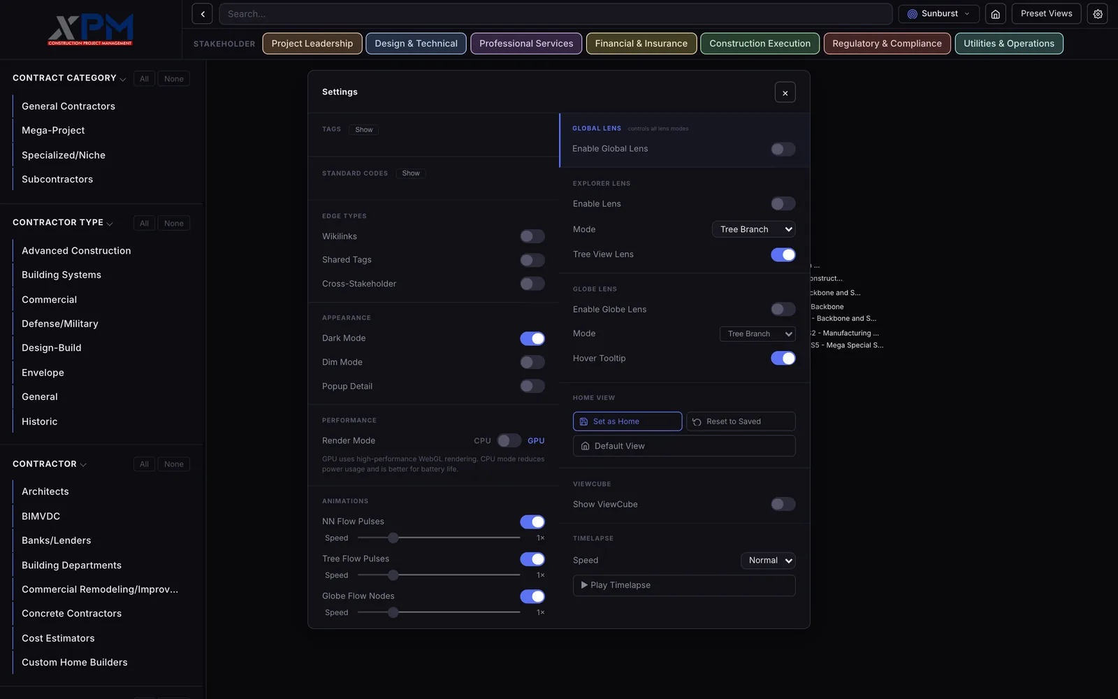 A settings dialog over the sunburst with switches for wikilinks, shared tags and cross stakeholder edges, dark mode, a CPU and GPU render mode toggle, flow animation speed sliders, explorer lens and globe lens options, a home view section and a timelapse speed menu