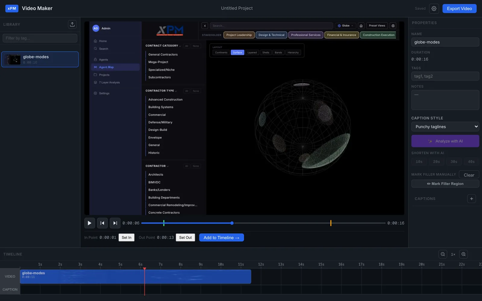 A dark video editor titled xPM Video Maker with a clip library on the left, a player showing the xPM globe view, in and out point buttons, a blue clip on a timeline at the bottom, and a properties panel with caption style, Analyze with AI and Shorten with AI buttons for 10, 20, 30 and 40 seconds