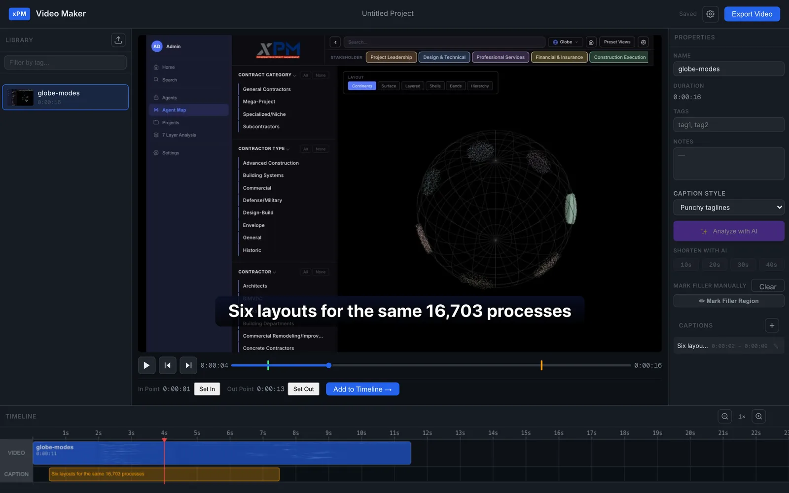 The Video Maker player showing the globe recording with large white caption text across the bottom, a captions list entry on the right, and an orange caption block on the timeline below the blue video clip