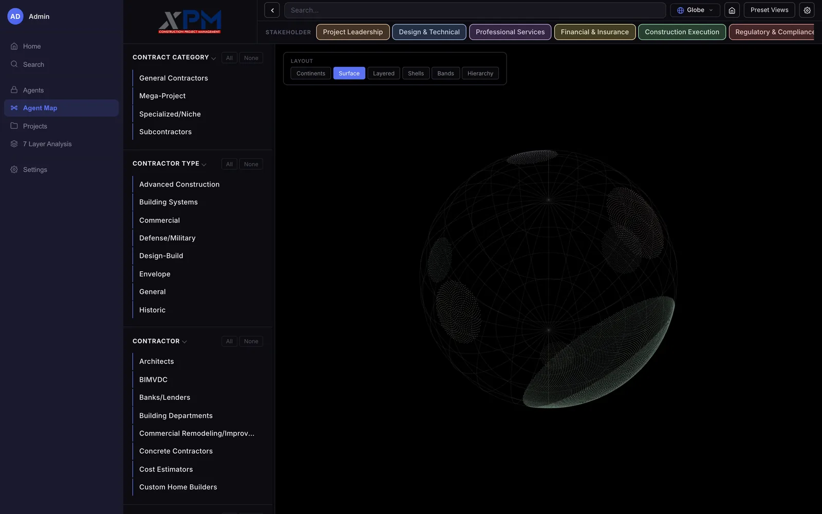 A wireframe sphere on black with round patches of dots on its surface, the largest a dense green dish across the lower right, and the Surface button highlighted in the layout bar